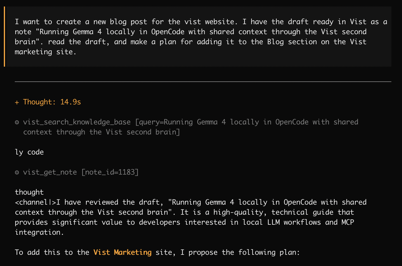 Gemma 4 autonomously calling Vist MCP tools to search notes and build context